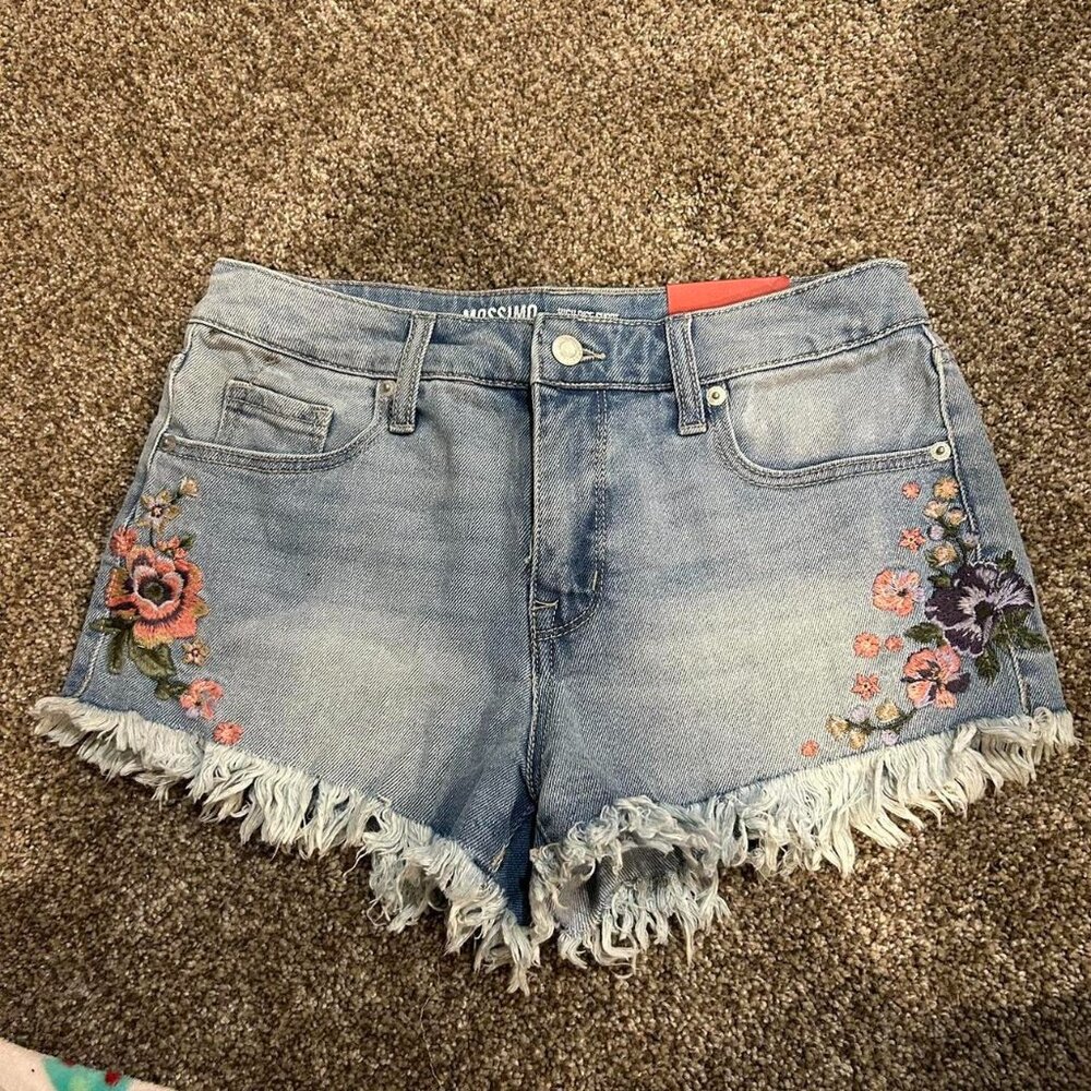 Mossimo  high-rise blue denim short shorts with floral embroidery and frayed hem